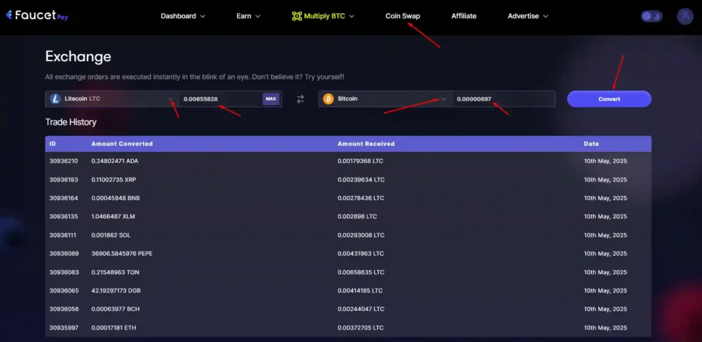 التحويل بين العملات الرقمية على محفظة الفوست باي